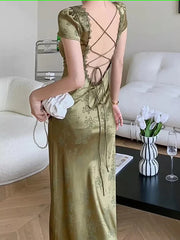 Елегантні жінки Зелений атласне сукня бездушного сукні Палац з коротким рукавом мереживо V-подібна бандажка вінтажний вечірній сукня Bodycon