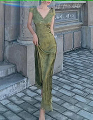 Femei elegante Green Satin Satin Backless Mixi Palat Palat cu mânecă scurtă din dantelă V-Neck Bandage vintage Bodycon Rochie de seară