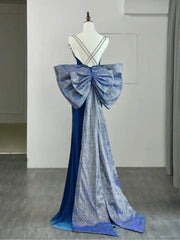 Einfache samtige blaue Meerjungfrau Langes Abschlussballkleid, Rückenless Velvet Blue Abendkleid