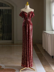Einfache Off -Schulter -Pailletten Burgund Long Prom Kleid, Burgund Long Evening Kleid