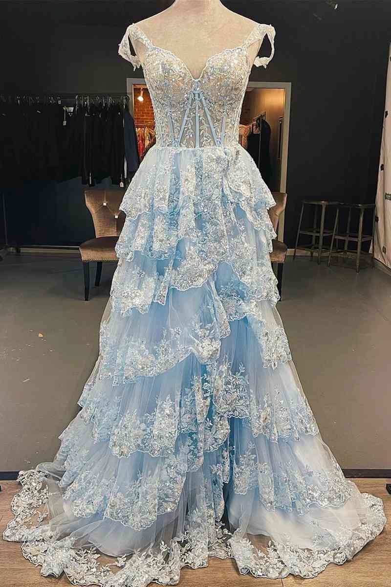 Party Dresses Near Me, Light Blue Corset Lace Tiered Tulle Long Formal Dress