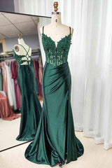 Party Dress Ideas, Mermaid Emerald Green Straps Ruched Prom Dress with Slit