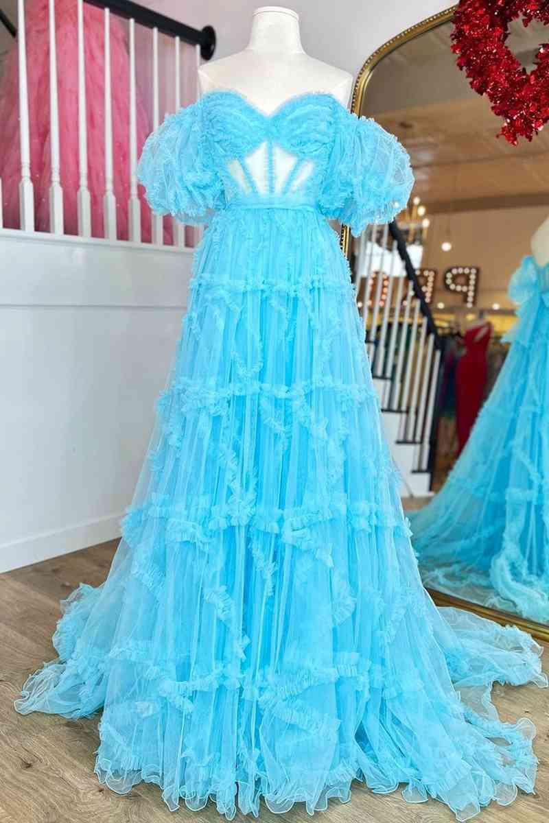 Bridesmaid Dress Dark, Princess Off-Shoulder Light Blue Ruffle Long Prom Dress with Balloon Sleeves