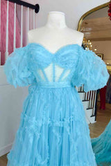 Bridesmaid Dress Neutral, Princess Off-Shoulder Light Blue Ruffle Long Prom Dress with Balloon Sleeves