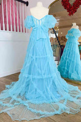Bridesmaids Dresses Neutral, Princess Off-Shoulder Light Blue Ruffle Long Prom Dress with Balloon Sleeves