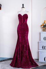 Bridesmaid Dress Black, Sweetheart Fuchsia Sequin Mermaid Prom Dress
