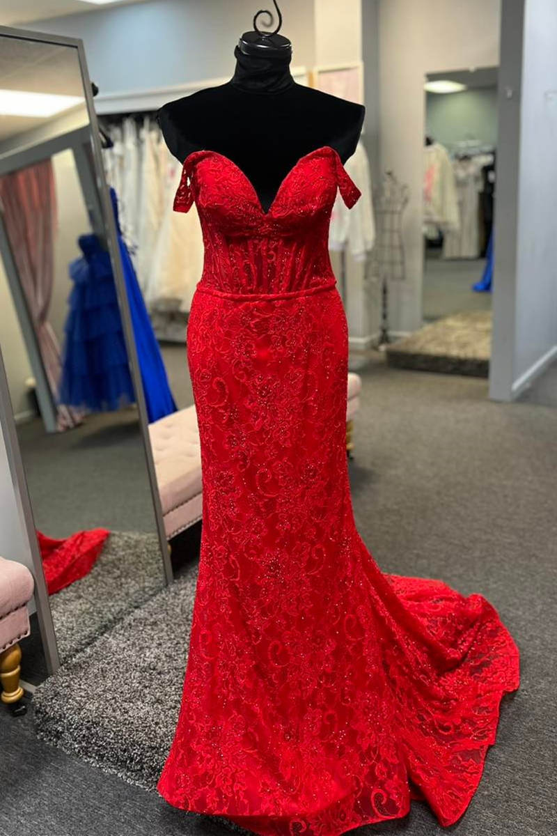 Bridesmaids Dresses Mismatched Fall, Off the Shoulder Red Sheer Lace Corset Mermaid Prom Dress