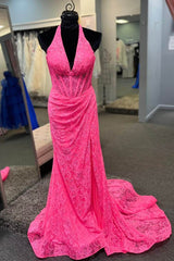 Bridesmaid Dresses Mismatched Fall, Halter Hot Pink Lace Ruched Mermaid Prom Dress