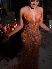 Smuk orange perleret applikationshavfrue aftenkjole lang prom kjole