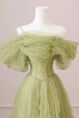 Vaaleanvihreä prom -mekko linja olkapäältä pitkään juhlapuku