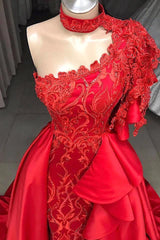 Mermaid High Neck One Shoulder Floor-length Half Sleeve Appliques Lace With Side Train Prom Dress