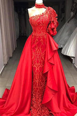 Mermaid High Neck One Shoulder Floor-length Half Sleeve Appliques Lace With Side Train Prom Dress