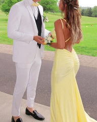 Meerjungfrau gelbe lange Abschlussballkleider, Rückenfreie gelbe Prom -Kleider formelle Abendkleider