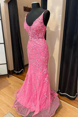 Pink Corset Prom Dress Elegnat A Line Deep V Neck Party Evening Dress with Appliques