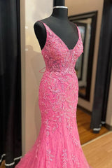 Pink Corset Prom Dress Elegnat A Line Deep V Neck Party Evening Dress with Appliques