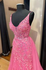 Рожеве корсетне випускне плаття елегантне лінійне вечірнє плаття з глибокою v шиї з аплікаціями