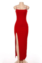 Rød festkjole, nydelig spaghetti-stroper havfrue promen kjole lenge med splittede kveldskjoler