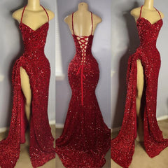 Red Sequins Prom Dress High Slit Halter Sleeveless Sparkly Long Party Evening Dresses for Black Girls