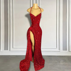 Red Sequins Prom Dress High Slit Halter Sleeveless Sparkly Long Party Evening Dresses for Black Girls
