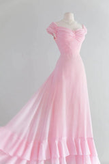 Retro rosa a-line lång promenad klänning, rosa brudtärklänning