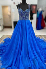 فستان حفلة موسيقية باللون الأزرق الملكي على شكل حرف A بأشرطة سباغيتي فستان طويل للحفلات المسائية مع الديكور