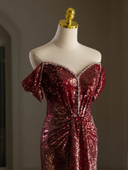 Simple Off Shoulder Sequin Borgoña Borgoña Long Dress, Borgoña Long Tight Dress