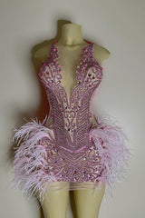 Sequined Mermaid Jewel Jersey Beading Sleeveless Mini Rhinestone Party Dress With Feather