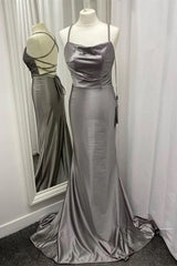 Spaghetti Straps Grey Mermaid Satin Long Prom Dress