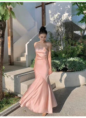 Spaghetti Straps Pink Mermaid Long Prom Vestidos