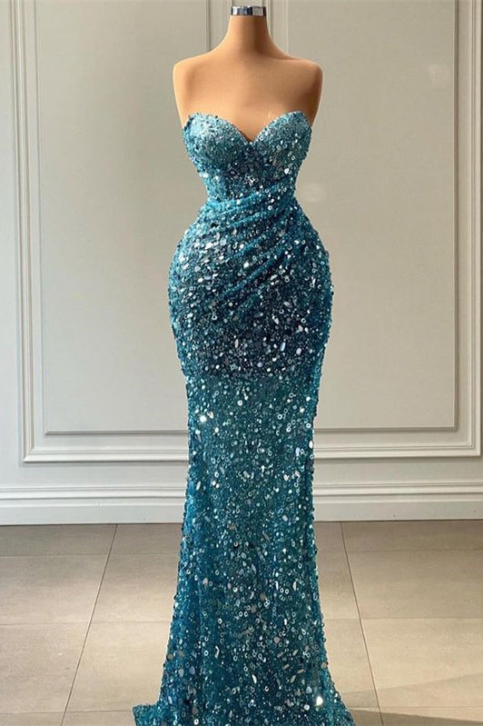 Stunning Sweetheart Blue Mermaid Prom Dress Long With Sequins Beads