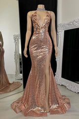 Stunning V-Neck Sleeveless Prom Dresses Mermaid Sequins With Split