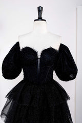 Winter Dress, Saprkly Black Off-Shoulder Puff Sleeves Layers Long Prom Dress