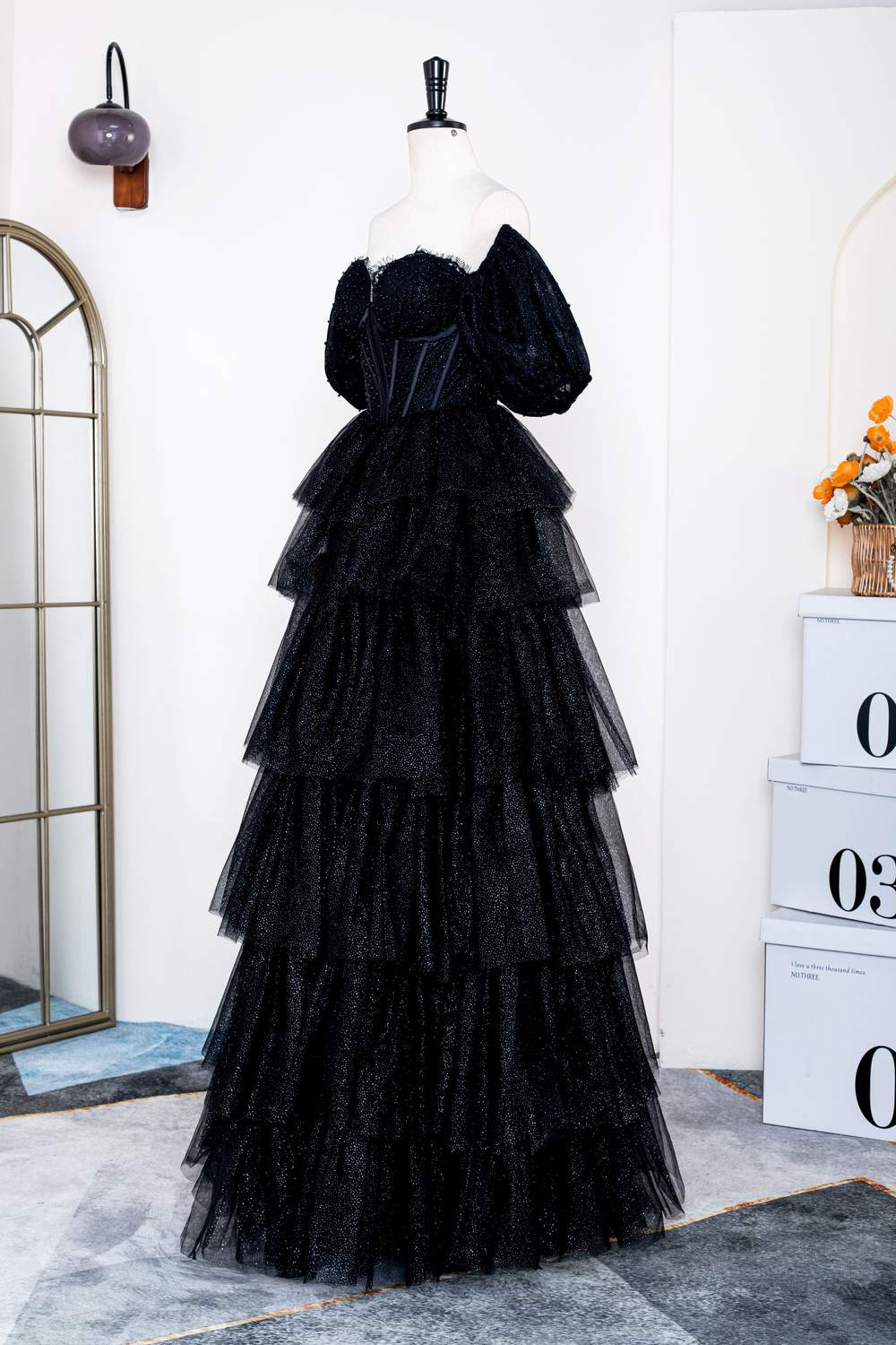 Party Dresses Modest, Saprkly Black Off-Shoulder Puff Sleeves Layers Long Prom Dress