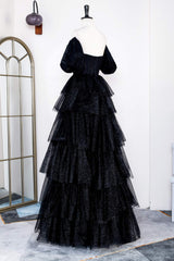 Party Dress Modest, Saprkly Black Off-Shoulder Puff Sleeves Layers Long Prom Dress
