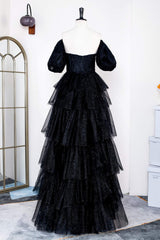 Party Dress Couple, Saprkly Black Off-Shoulder Puff Sleeves Layers Long Prom Dress