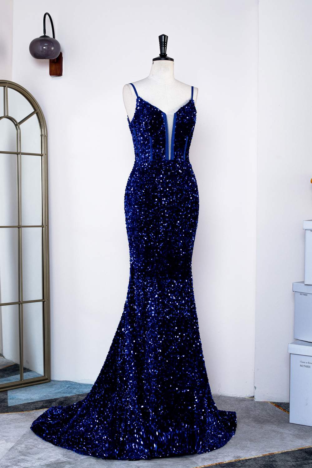 Party Dress Outfit Ideas, Royal Blue Sequins Spaghetti Straps Mermaid Long Prom Dress