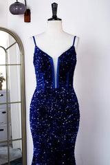 Party Dress Outfits Ideas, Royal Blue Sequins Spaghetti Straps Mermaid Long Prom Dress