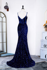 Party Dresses Outfits Ideas, Royal Blue Sequins Spaghetti Straps Mermaid Long Prom Dress