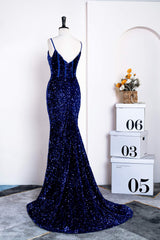 Party Dresses Outfit Ideas, Royal Blue Sequins Spaghetti Straps Mermaid Long Prom Dress