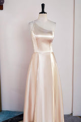 Bridesmaids Dresses Floral, Champagne One Shoulder A-line Satin Tea Length Bridesmaid Dress