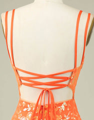 Homecoming Dresses Simples, Orange Double Spaghetti Straps Glitter SequinTight Homecoming Dress