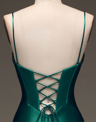 Prom Dresses Shopping, Simple Dark Green Spaghetti Straps Lace Up Long Tight Satin Prom Dress