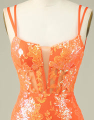 Homecoming Dresses 35 Year Old, Orange Double Spaghetti Straps Glitter SequinTight Homecoming Dress