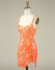 Homecoming Dresses Sweetheart, Orange Double Spaghetti Straps Glitter SequinTight Homecoming Dress