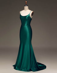 Prom Dresse Long, Simple Dark Green Spaghetti Straps Lace Up Long Tight Satin Prom Dress