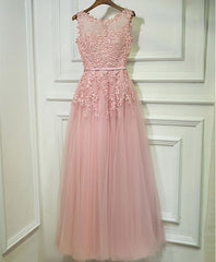 Red Gown, Pink Lace Tulle Long A Line Prom Dress, Pink Evening Dress, 1