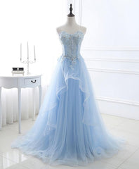 Evenning Dress For Wedding Guest, Light Blue Tulle Lace Long Prom Dress, Formal Dress