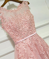 Bridesmaid Gown, Pink Lace Tulle Long A Line Prom Dress, Pink Evening Dress, 1
