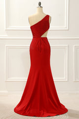 Prom Dress Chiffon, One Shoulder Red Mermaid Prom Dress with Hollow-out