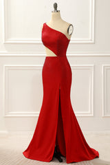 Prom Dress And Boots, One Shoulder Red Mermaid Prom Dress with Hollow-out